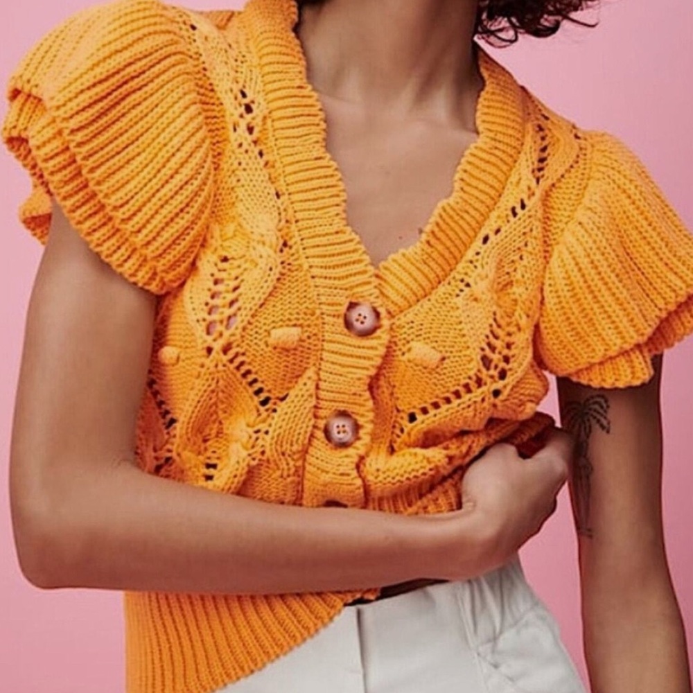 Hand-Knit Style Orange Short-Sleeve Cardigan Sweater